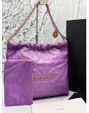 (LIKE NEW) MICROCHIP CHANEL 22 MEDIUM SHOULDER BAG IN PURPLE CALFSKIN LEATHER -FULL SET-