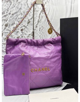 (LIKE NEW) MICROCHIP CHANEL 22 MEDIUM SHOULDER BAG IN PURPLE CALFSKIN LEATHER -FULL SET-