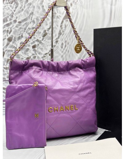 (LIKE NEW) MICROCHIP CHANEL 22 MEDIUM SHOULDER BAG IN PURPLE CALFSKIN LEATHER -FULL SET-