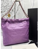 (LIKE NEW) MICROCHIP CHANEL 22 MEDIUM SHOULDER BAG IN PURPLE CALFSKIN LEATHER -FULL SET-