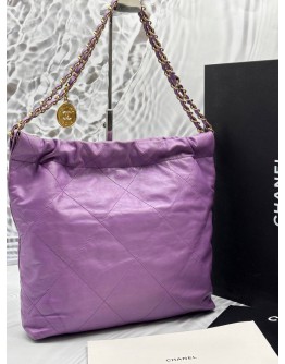 (LIKE NEW) MICROCHIP CHANEL 22 MEDIUM SHOULDER BAG IN PURPLE CALFSKIN LEATHER -FULL SET-