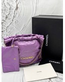 (LIKE NEW) MICROCHIP CHANEL 22 MEDIUM SHOULDER BAG IN PURPLE CALFSKIN LEATHER -FULL SET-