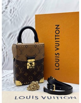 (LIKE NEW) MICROCHIP LOUIS VUITTON CAMERA BOX IN BROWN MONOGRAM REVERSE CANVAS WITH BLACK LEATHER -FULL SET-