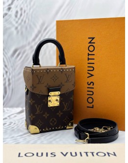 (LIKE NEW) MICROCHIP LOUIS VUITTON CAMERA BOX IN BROWN MONOGRAM REVERSE CANVAS WITH BLACK LEATHER -FULL SET-