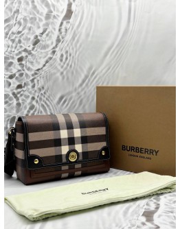 BURBERRY NOTE CROSSBODY BAG IN DARK BROWN EXAGGERATED CHECK CANVAS WITH LEATHER