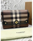 BURBERRY NOTE CROSSBODY BAG IN DARK BROWN EXAGGERATED CHECK CANVAS WITH LEATHER