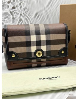 BURBERRY NOTE CROSSBODY BAG IN DARK BROWN EXAGGERATED CHECK CANVAS WITH LEATHER