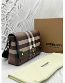 BURBERRY NOTE CROSSBODY BAG IN DARK BROWN EXAGGERATED CHECK CANVAS WITH LEATHER