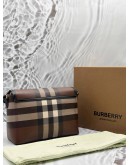 BURBERRY NOTE CROSSBODY BAG IN DARK BROWN EXAGGERATED CHECK CANVAS WITH LEATHER