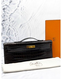HERMS KELLY CUT CLUTCH IN DARK BROWN SHINY POROSUS CROCODILE LEATHER -FULL SET-