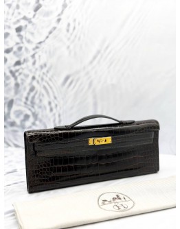 HERMS KELLY CUT CLUTCH IN DARK BROWN SHINY POROSUS CROCODILE LEATHER -FULL SET-