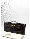 HERMS KELLY CUT CLUTCH IN DARK BROWN SHINY POROSUS CROCODILE LEATHER -FULL SET-