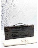 HERMS KELLY CUT CLUTCH IN DARK BROWN SHINY POROSUS CROCODILE LEATHER -FULL SET-