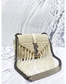 (CLEAR STOCK) (LIKE NEW) YSL SAINT LAURENT MONOGRAM BABY CHAIN BAG IN IVORY CROCHET WITH LEATHER