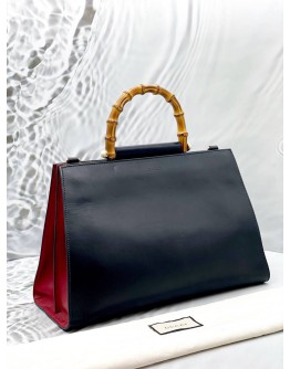 (CLEAR STOCK) (UNUSED) GUCCI NYMPHAEA BAMBOO HANDLE BAG IN BLACK WITH RED LEATHER