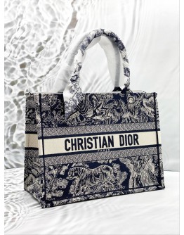 (CLEAR STOCK) (BRAND NEW) CHRISTIAN DIOR MEDIUM DIOR BOOK TOTE BAG IN ECRU WITH BLUE TOILE DE JOUY EMBROIDERY -FULL SET-