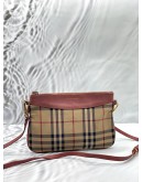 BURBERRY PEYTON CROSSBODY BAG IN BEIGE HAYMARKET CHECK CANVAS WITH PINK LEATHER