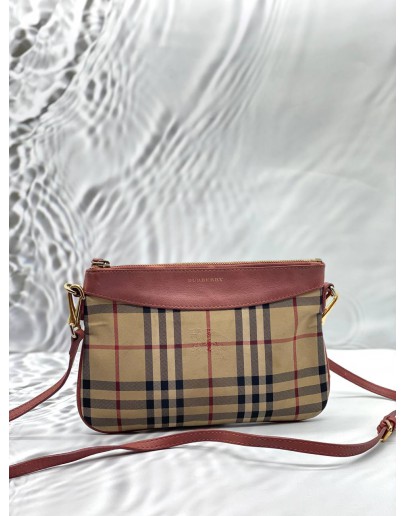 BURBERRY PEYTON CROSSBODY BAG IN BEIGE HAYMARKET CHECK CANVAS WITH PINK LEATHER