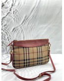 BURBERRY PEYTON CROSSBODY BAG IN BEIGE HAYMARKET CHECK CANVAS WITH PINK LEATHER