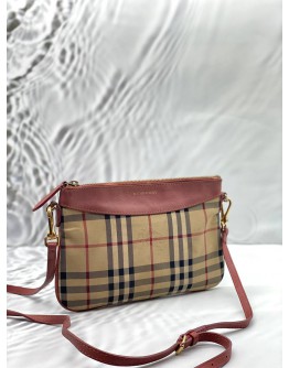 BURBERRY PEYTON CROSSBODY BAG IN BEIGE HAYMARKET CHECK CANVAS WITH PINK LEATHER
