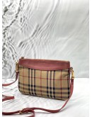 BURBERRY PEYTON CROSSBODY BAG IN BEIGE HAYMARKET CHECK CANVAS WITH PINK LEATHER