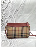 BURBERRY PEYTON CROSSBODY BAG IN BEIGE HAYMARKET CHECK CANVAS WITH PINK LEATHER