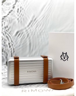 (LIKE NEW) RIMOWA PERSONAL CROSSBODY BAG IN SILVER ALUMINIUM WITH BROWN LEATHER -FULL SET- 