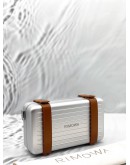 (LIKE NEW) RIMOWA PERSONAL CROSSBODY BAG IN SILVER ALUMINIUM WITH BROWN LEATHER -FULL SET- 