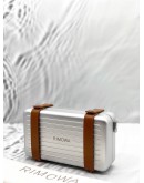 (LIKE NEW) RIMOWA PERSONAL CROSSBODY BAG IN SILVER ALUMINIUM WITH BROWN LEATHER -FULL SET- 
