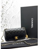 (LIKE NEW) MICROCHIP CHANEL PEARL CRUSH MINI FLAP BAG IN BLACK LAMBSKIN LEATHER -FULL SET-