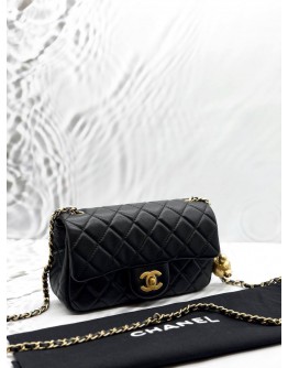 (LIKE NEW) MICROCHIP CHANEL PEARL CRUSH MINI FLAP BAG IN BLACK LAMBSKIN LEATHER -FULL SET-
