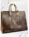 (LIKE NEW) LOUIS VUITTON ON THE GO GM IN BROWN MONOGRAM REVERSE CANVAS WITH BLACK LEATHER