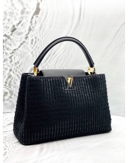(LIKE NEW) LOUIS VUITTON CAPUCINES MM IN BLACK TWEED WITH LEATHER 