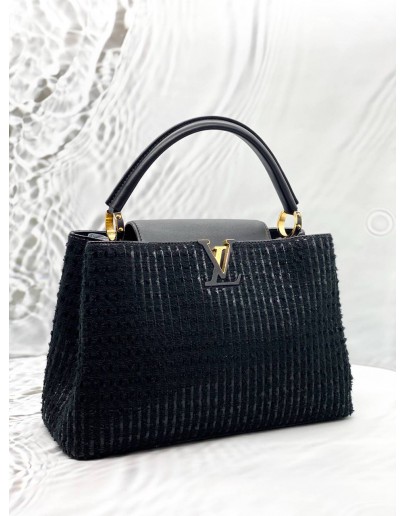 (LIKE NEW) LOUIS VUITTON CAPUCINES MM IN BLACK TWEED WITH LEATHER 