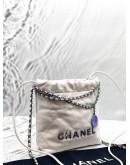 (LIKE NEW) MICROCHIP CHANEL 22 MINI SHOULDER BAG IN WHITE CALFSKIN LEATHER 