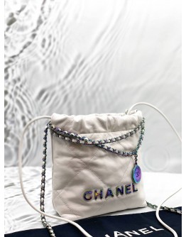 (LIKE NEW) MICROCHIP CHANEL 22 MINI SHOULDER BAG IN WHITE CALFSKIN LEATHER 