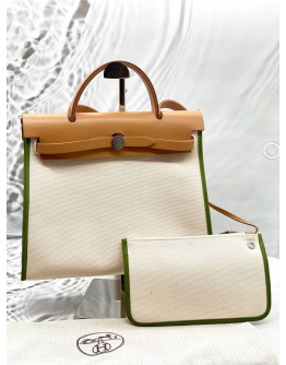 (LIKE NEW) HERMES HERBAG PM 31 IN OFF WHITE TOILE CANVAS WITH LIGHT BROWN VACHE HUNTER LEATHER