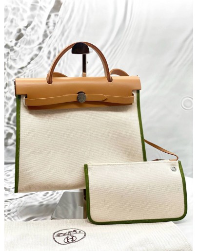 (LIKE NEW) HERMES HERBAG PM 31 IN OFF WHITE TOILE CANVAS WITH LIGHT BROWN VACHE HUNTER LEATHER