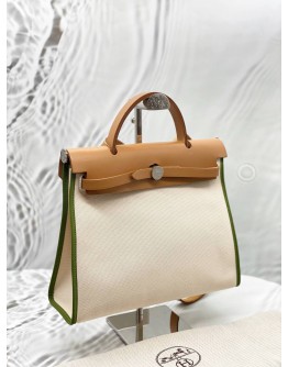 (LIKE NEW) HERMES HERBAG PM 31 IN OFF WHITE TOILE CANVAS WITH LIGHT BROWN VACHE HUNTER LEATHER