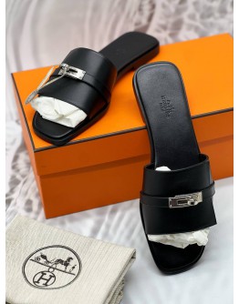 (UNUSED) HERMES GIULIA SANDALS SIZE 41 IN BLACK LEATHER -FULL SET- 