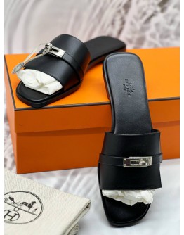 (UNUSED) HERMES GIULIA SANDALS SIZE 41 IN BLACK LEATHER -FULL SET- 