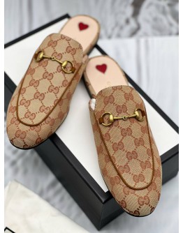 (UNUSED) GUCCI PRINCETOWN HORSEBIT MULES SIZE 40 IN BEIGE GG SUPREME CANVAS -FULL SET-