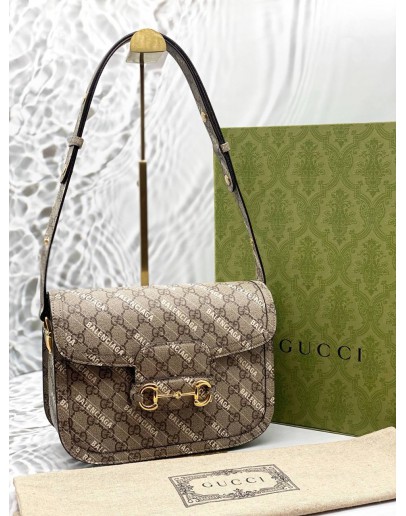 (LIKE NEW) GUCCI X BALENCIAGA HACKER PROJECT SMALL HORSEBIT 1955 SHOULDER BAG IN BEIGE WITH EBONY GG SUPREME CANVAS -FULL SET-
