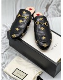 (LIKE NEW) GUCCI PRINCETOWN HORSEBIT MULES SIZE 40 IN BLACK LEATHER WITH BEE AND STAR EMBROIDERED -FULL SET- 