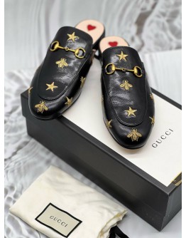(LIKE NEW) GUCCI PRINCETOWN HORSEBIT MULES SIZE 40 IN BLACK LEATHER WITH BEE AND STAR EMBROIDERED -FULL SET- 