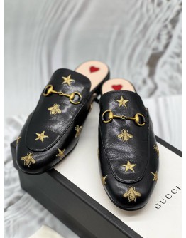 (LIKE NEW) GUCCI PRINCETOWN HORSEBIT MULES SIZE 40 IN BLACK LEATHER WITH BEE AND STAR EMBROIDERED -FULL SET- 