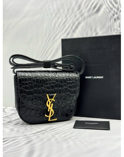 (UNUSED) YSL SAINT LAURENT KAIA SMALL SHOULDER AND CROSSBODY BAG IN BLACK SHINY CROCODILE EMBOSSED LEATHER -FULL SET-