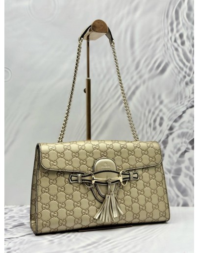 GUCCI EMILY SMALL SHOULDER BAG IN METALLIC GOLD GG GUCCISSIMA LEATHER