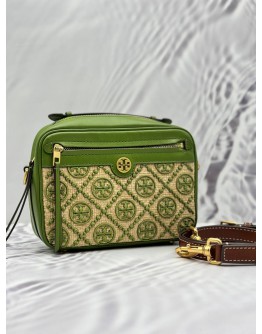 TORY BURCH T MONOGRAM STRAW CAMERA CROSSBODY BAG IN GREEN WOVEN JACQUARD STRAW WITH LEATHER