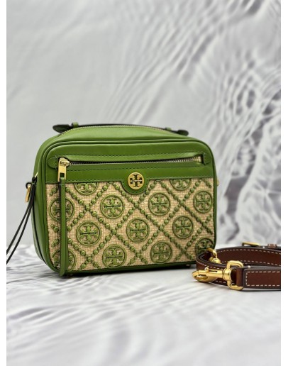 TORY BURCH T MONOGRAM STRAW CAMERA CROSSBODY BAG IN GREEN WOVEN JACQUARD STRAW WITH LEATHER